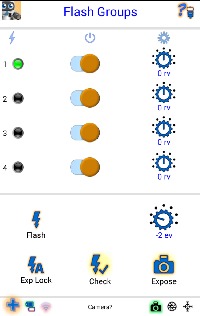 Flash group control view including overall offset, enable, and exposure lock