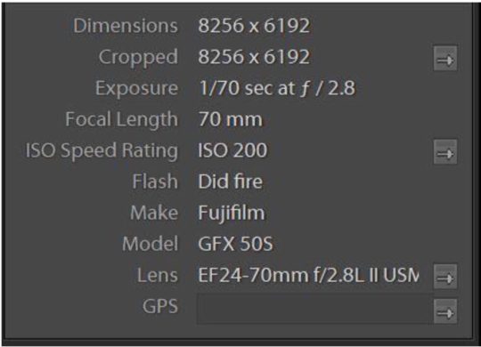 Lightroom – Note the Lens is correctly reported as the EF24-70mm f/2.8L II USM @ 70mm and 1/70 sec at f/2.8