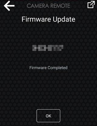 Once the smartphone finishes copying the firmware to the camera, the camera will terminate the connection and begin the update automatically. Tap OK on the smartphone to exit when the update is complete.