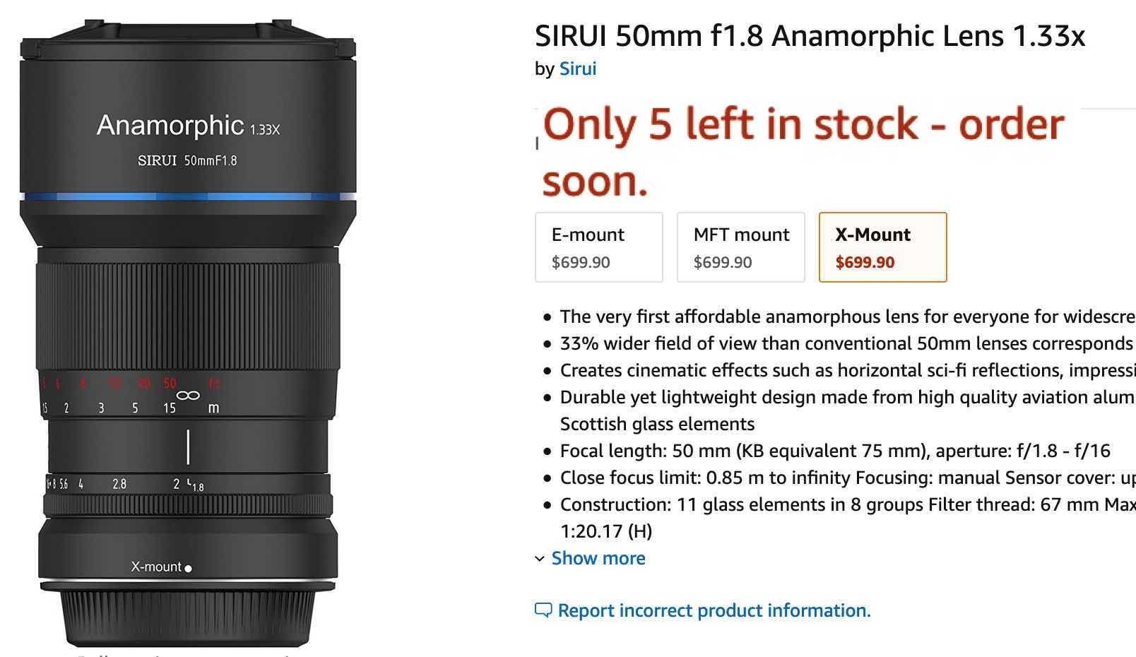 IN STOCK: SIRUI 50mm f1.8 Anamorphic Lens 1.33x - Fuji Rumors