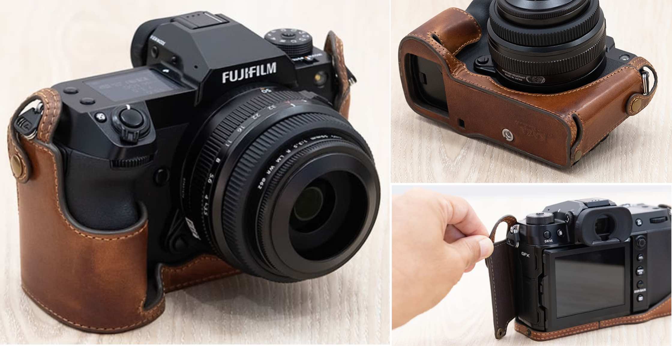 Coffee BolinUS Handmade Genuine Real Leather Half Camera Case Bag Cover for Fuji Fujifilm GFX 100S Bottom Opening Version GFX 100S Case Hand Strap