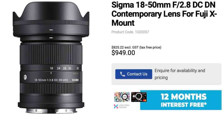 Sigma 18-50mm f/2.8 for Fujifilm X mount Listed at Stores