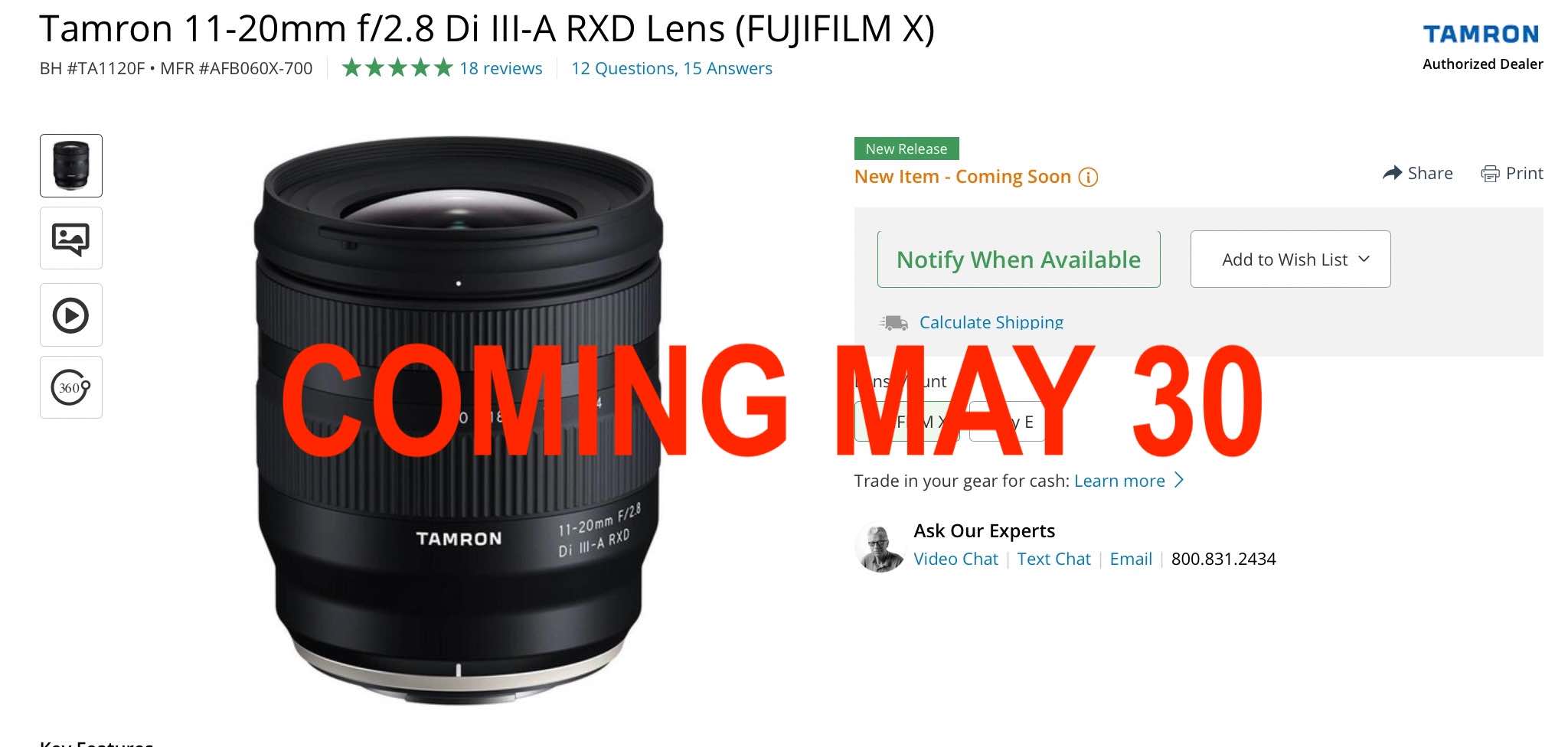 Tamron 11-20mm f/2.8 for Fujifilm X Mount Coming May 30