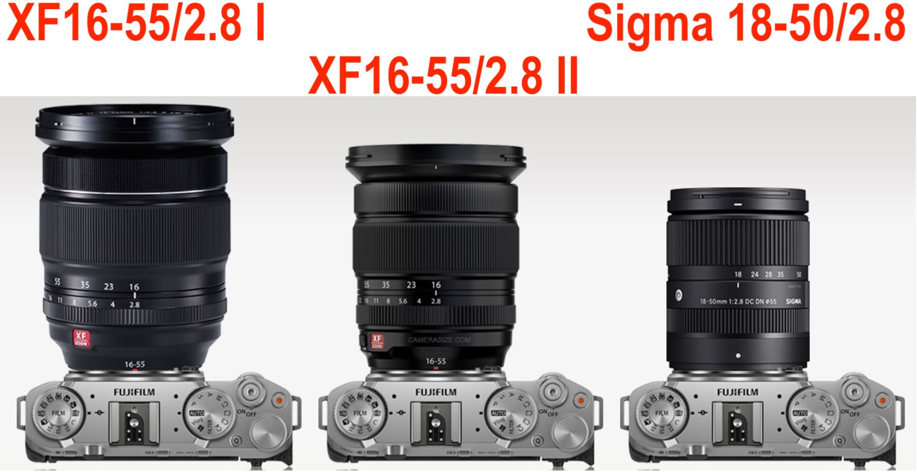 Size & Specs Comparison: Fujinon XF16-55mmF2.8 II vs I vs Sigma 18