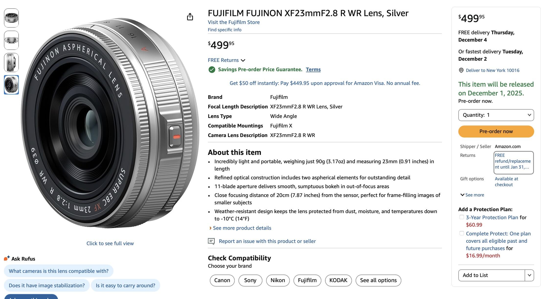 Fujinon XF23mmF2.8 R WR Available for Pre-Order at Amazon - Fuji